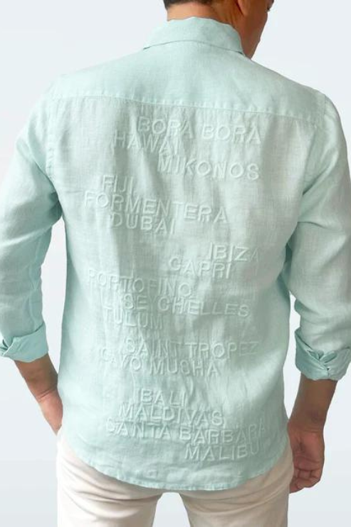 Camisa unisex 100% lino turquesa con botones de nácar